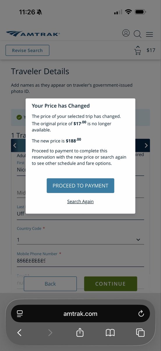 nic_uff's tweet photo. thank you @Amtrak for price gouging my train back to the city in the mere 8 seconds it took me to initiate the Apple Pay payment. You guys rock. https://t.co/ZdsccsFmhg