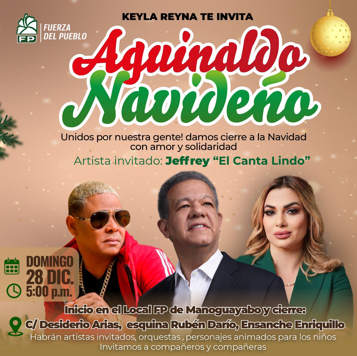 La Fuerza del Pueblo Muncipio Santo Domingo Oeste les invita a Cierre de la Navidad, AGUINALDO NAVIDEÑO 

Unidos por nuestra gente con amor y solidaridad nos unimos mañana Domingo 28 Diciembre 5:00 🕔 PM

Inicio Local Fuerza Del Pueblo Manoguayabo y Cierre Calle Desiderio Arias