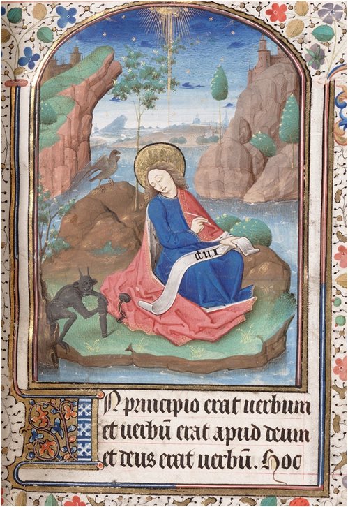 Libro de horas: San Juan en Patmos, escribiendo el Apocalipsis acosado por Titivillus, el demonio causante de los errores en los escritos. El día de San Juan Evangelista es el 27 de diciembre.