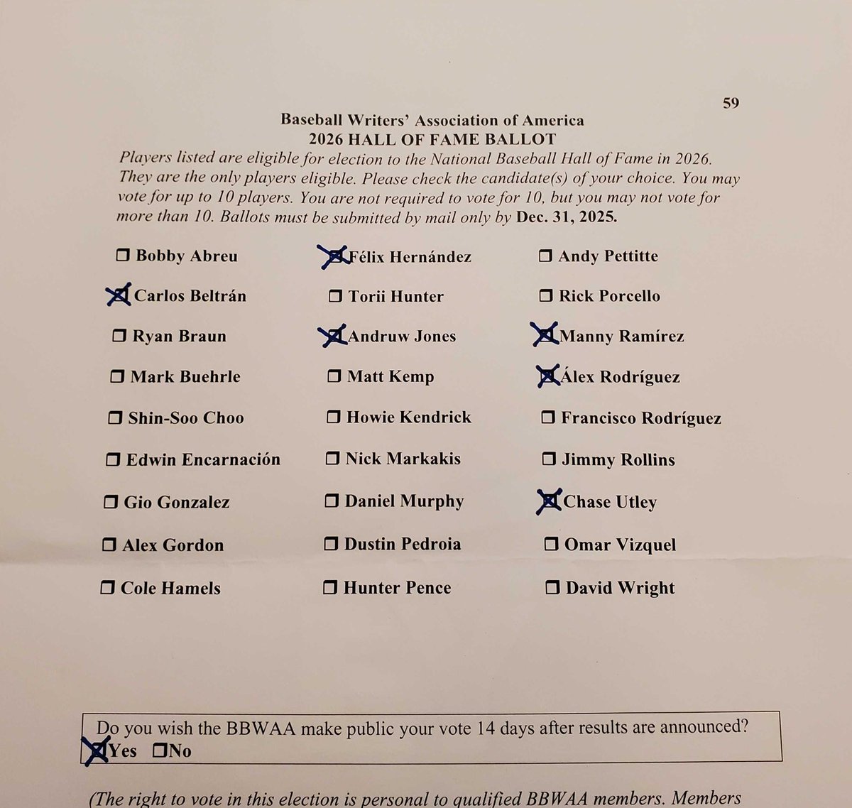 jimcallisMLB's tweet image. Happy New Year to everyone! Felt very privileged to receive my first @baseballhall ballot in 2025 and mailed it off last week. Tougher decisions than I expected. I voted for six guys &amp;amp; was on the fence for five others I left off (Abreu, Buehrle, Hamels, Pedroia, Pettitte).