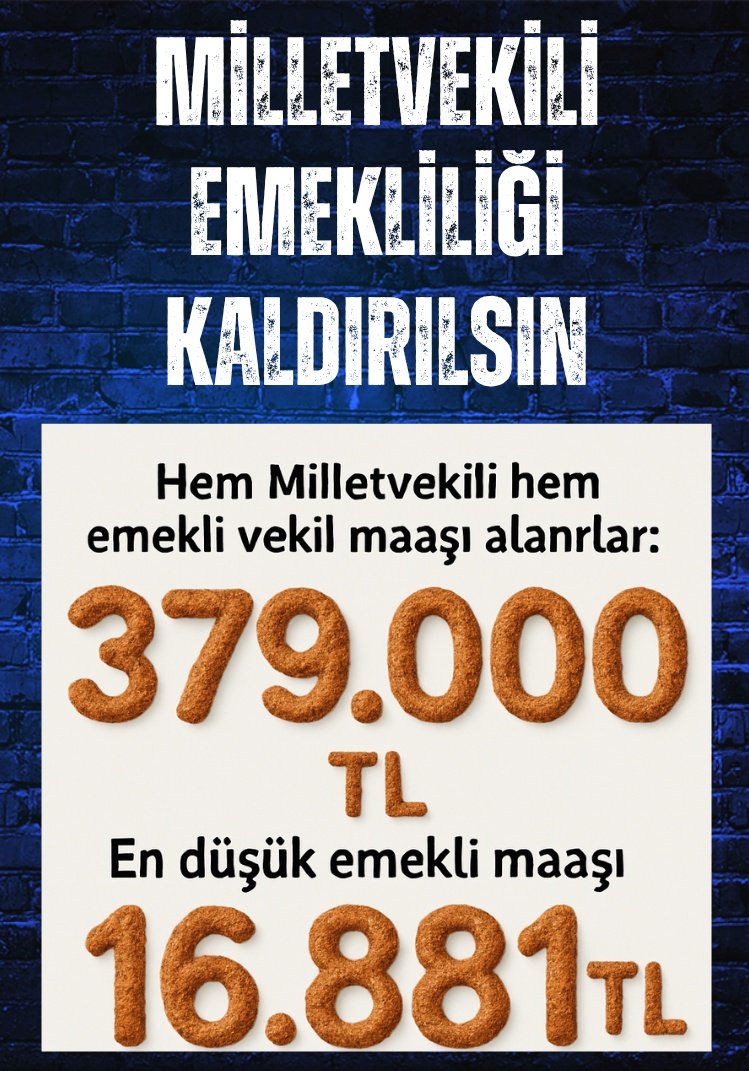 Beytullah_Citak's tweet photo. Milletvekili Maaşı: 229.676 ₺
Emekli Vekil Maaşı: 149.000 ₺

Hem MV + Hem Emekli Vekil Maaşın
Toplamı: 379.000 ₺

Bakan Maaşı: 235.527 ₺

Asgarî Ücret: 22.104 ₺
En Düşük Emekli Maaşı: 16.881 ₺

👉 En Az 35 Bin ₺
#SeyyanenŞartEmekliye

Duydunuz Mu..?👇
#SadakaMaaşınaRed . https://t.co/AxCbwHy1IW