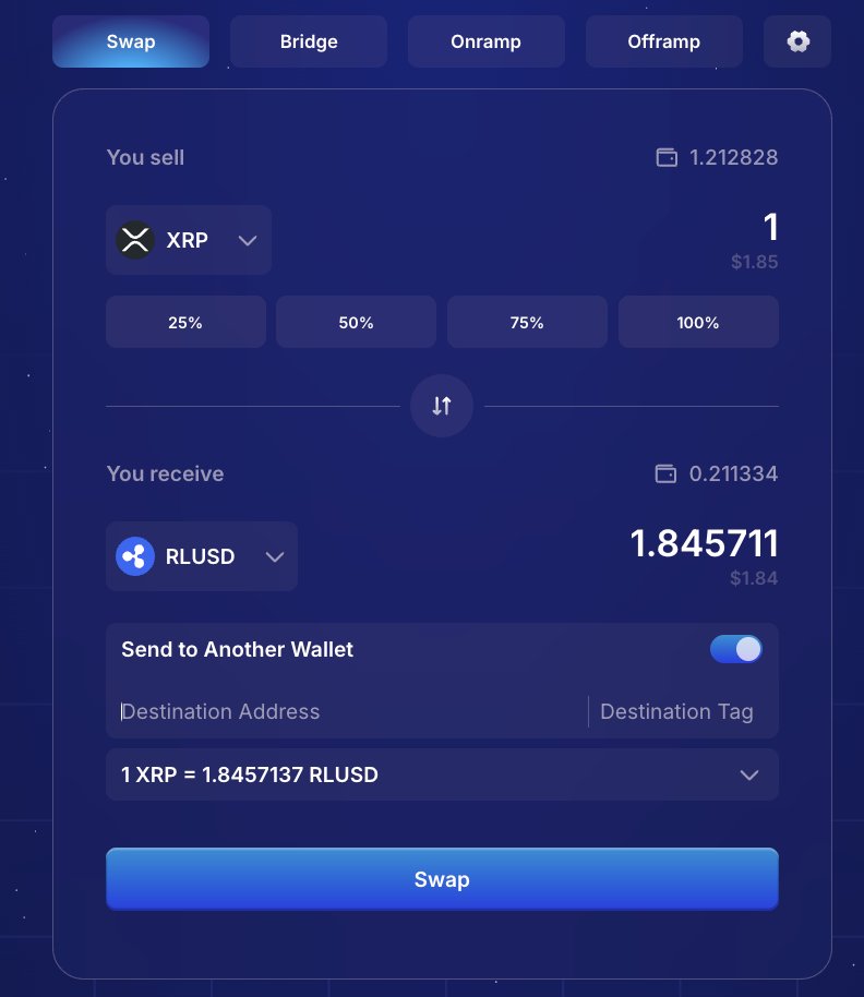 Did you know? With the 'Send to Another Wallet' feature you can swap and send to another XRPL account with 1-click. Let's say you want to send RLUSD to someone, but you have XRP. Instead of first swapping XRP to RLUSD and then sending them RLUSD, all you have to do is type the