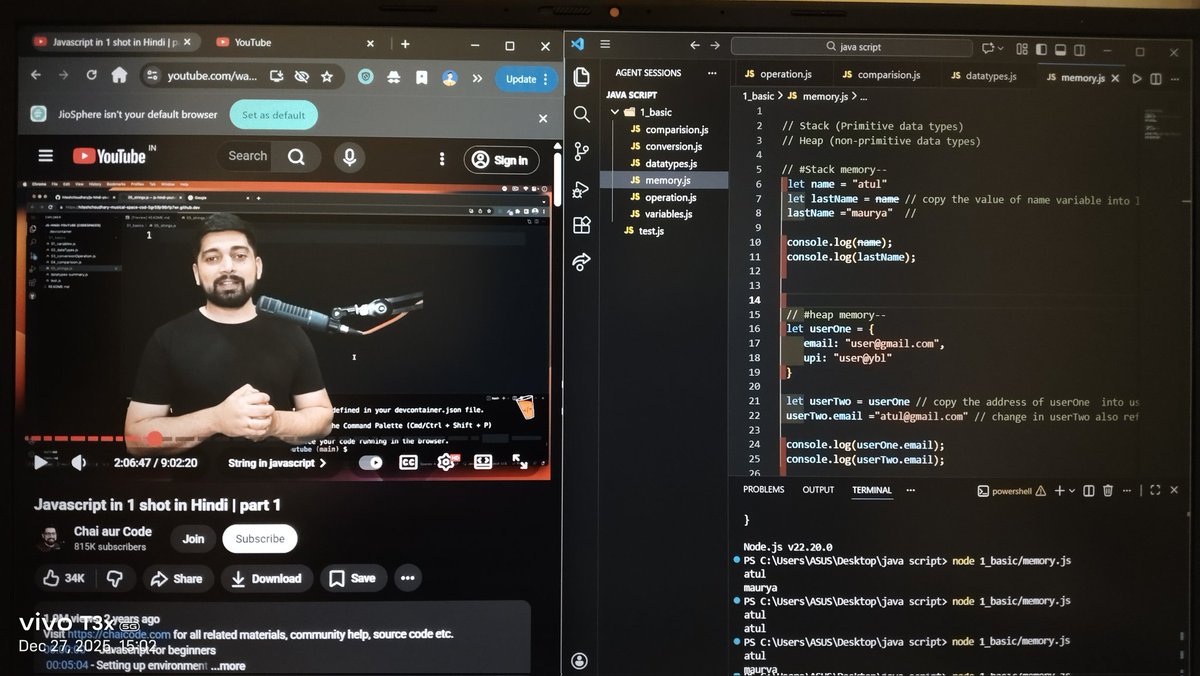 _atulmaurya_'s tweet photo. #day2nd #javascript 

Today I learned Conversion, operations comparison and memory {heap and stack memory} https://t.co/cDQ1kUeHLQ
