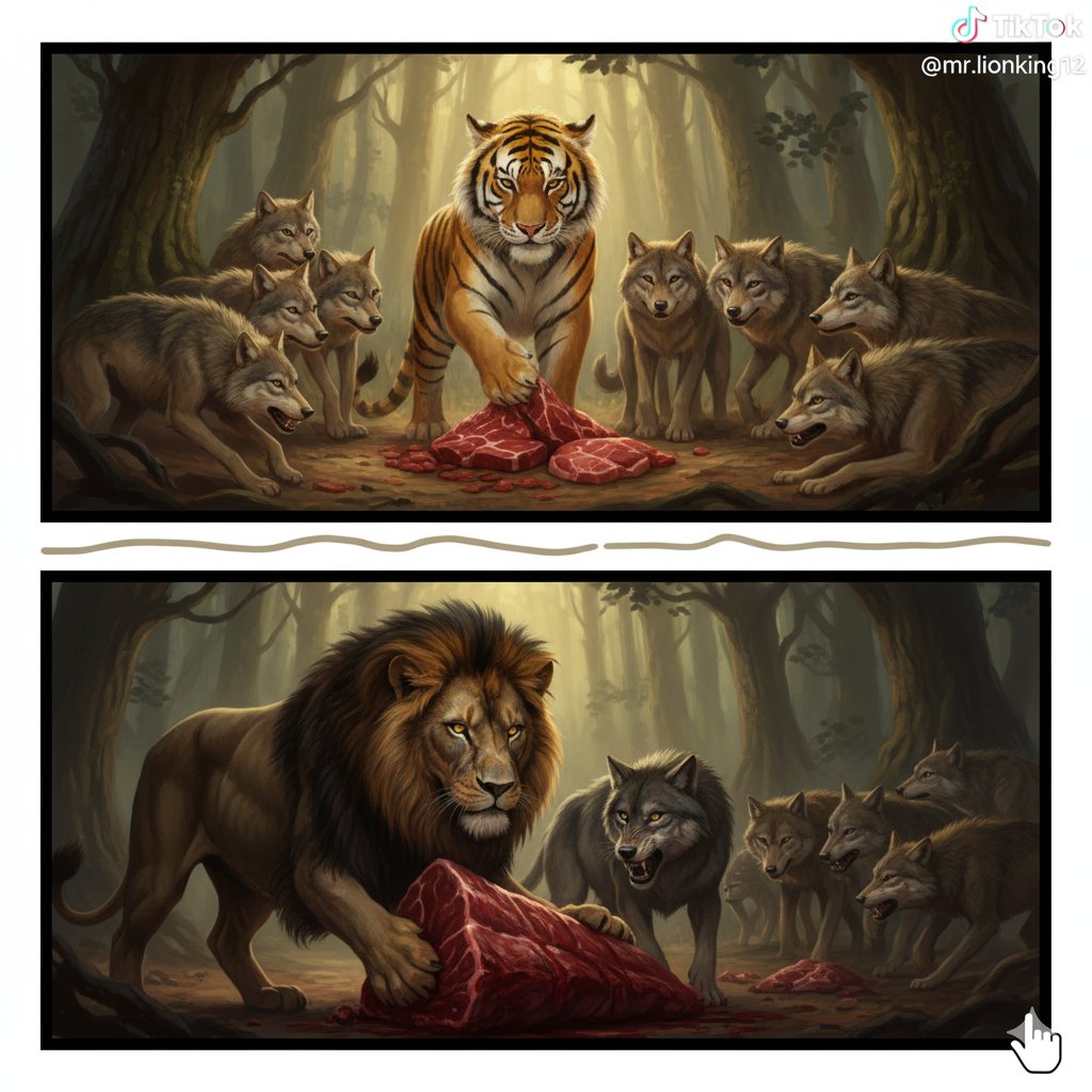 The lion gave the tiger ten wolves to manage. But the wolves soon turned against him...

The tiger divided the food equally. 1 share for itself, 1 for each wolf. But the wolves wanted more...

Ten wolves united against the tiger. Fairness couldn't save him.

The tiger begged the
