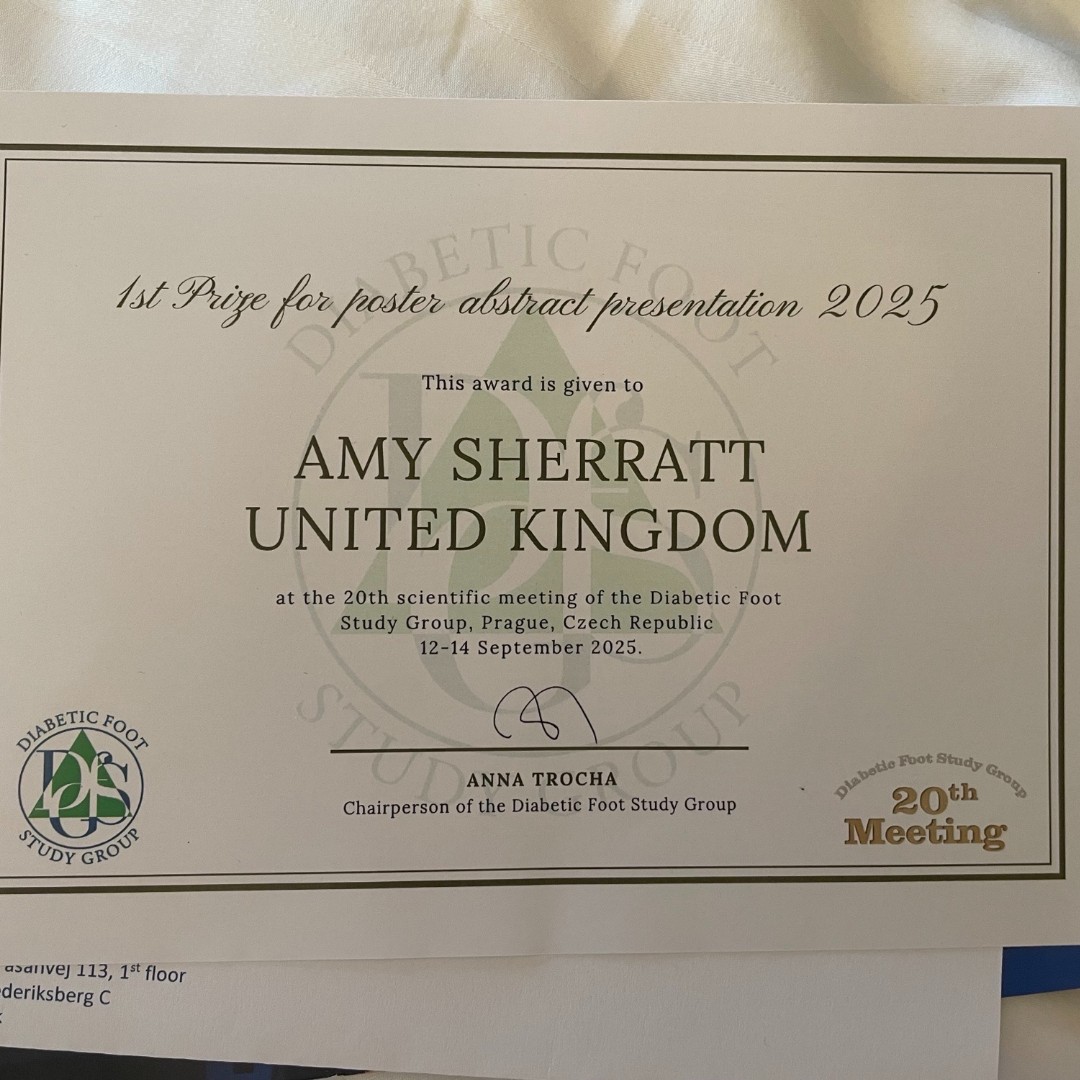 DCHStrust's tweet image. Congratulations to Amy Sherratt, highly specialised diabetes &amp;amp; research podiatrist, whose poster on flexor tenotomy won 1st place at the Diabetic Foot Study Group in Prague! A great achievement showcasing innovation and excellence in diabetic foot care. 👏🩺 #Podiatry #TeamDCHS