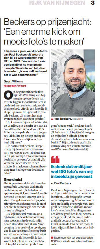 Delen=LIEF 🥰  Vandaag te vinden in de krant de Gelderlander met een artikel over mijn fotografie &amp; mijn nominatie bij Buienradar | RTL4.
Stemmen kan nog tot 31 dec 12.00 uur, per device kan je een keer stemmen 😍
buienradar.nl/foto-en-video/… #nijmegen