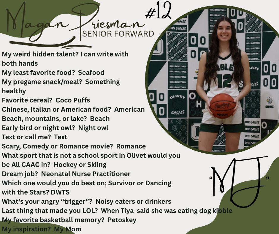 MEET YOUR VARSITY LADY EAGLES💚🦅🏀

Magan Priesman is a senior, and third year varsity player.  Magan serves as captain this season.  Magan brings hard work, length, and an inside/outside game for the Eagles.