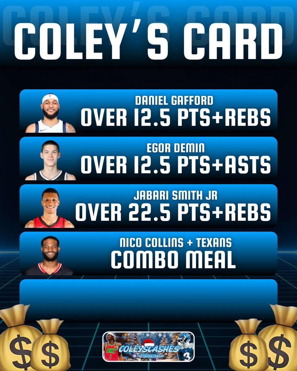 coleyscashes's tweet image. 🌄 NBA x 🧈 NFL BETTING CARD: 

$25 TO SOMEONE THAT 💬 &amp;amp; ♻️ IF WE GO 4/4! B2B SWEEPS INCOMING. 

• Daniel Gafford “O” 12.5 Points+Rebounds (-115) w/ @FrannysPlays 🍻 &amp;amp; @ChronicBets 🧪 
• Egor Demin “O” 12.5 Points+Assists (-116) w/ @DDOGGSTACKS 🐶 &amp;amp; @Picks_x_Stevie 👀 &amp;amp;…