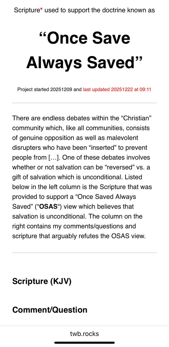 CaeJak's tweet image. After thanking Him
for #Psalms 119:38’s “devoted fear” yesterday
(&amp;amp; requesting more daily bread)
this morning brought a re-reading of #James 

Needless to say,
given the warnings of James 1:22-25,
I’m still prioritizing my #OSAS project (stored at
twb.rocks/living/spirit/…).
❤️✝️🙏