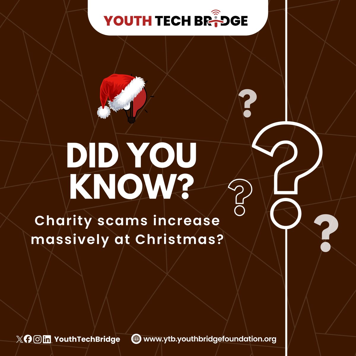 YouthTechBridge's tweet photo. Fraudsters exploit generosity using fake donation links and copied charity pages.

Verify before you give.
Donate only through official websites.
Stay alert. 
#YouthMatter #YouthTechBridge #Christmas2025  #Christmas  #OnlineScams https://t.co/KTJPWWJrEa