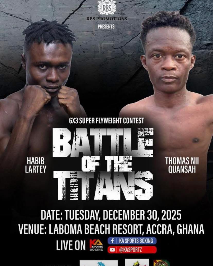 kazportz's tweet photo. RBS Promotions sets the stage for a six-round Super Flyweight showdown as Habib Lartey takes on debutant Thomas Nii Quansah.
#kasportsboxing #boxingnews #worldboxing #boxingtraining #kboxtv #acetvboxing #boxeo #world #boxing #Rbspromotions #labomabeach #thomasniiquansah https://t.co/ttUOZWgDPM