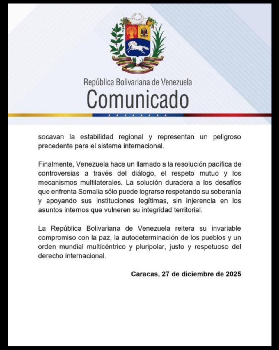 EmbaVEKenia's tweet image. Venezuela reaffirm its full and firm recognition of the sovereignty, unity, and territorial integrity of the Federal Republic of Somalia within its internationally recognized borders. This principle is inviolable and the basis for peace and stability throughout the world.