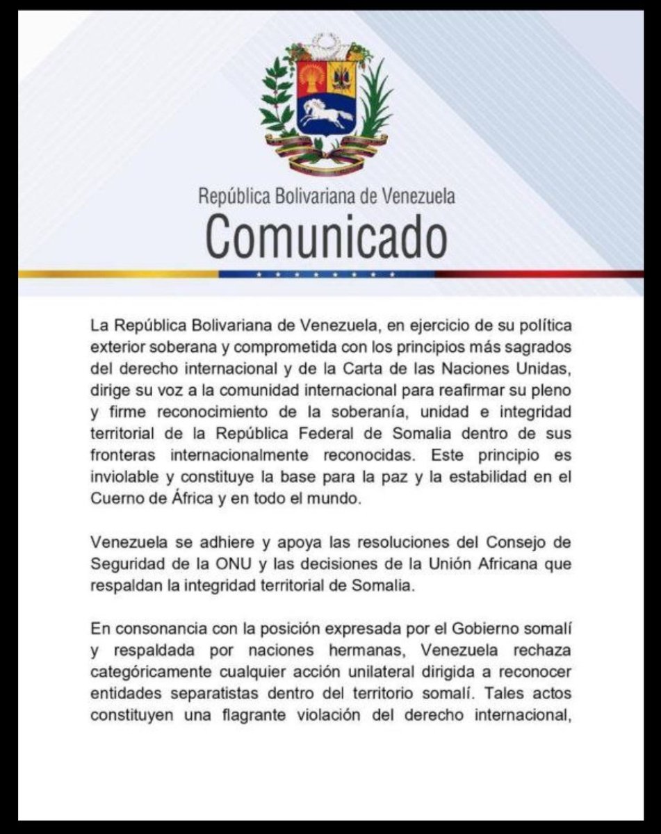 EmbaVEKenia's tweet image. Venezuela reaffirm its full and firm recognition of the sovereignty, unity, and territorial integrity of the Federal Republic of Somalia within its internationally recognized borders. This principle is inviolable and the basis for peace and stability throughout the world.