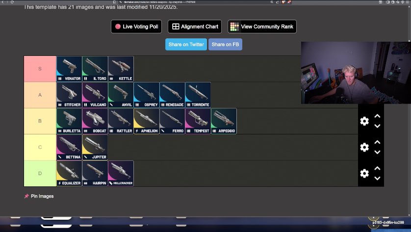 Tfue's tweet image. Arc raider gun tier list (not rage bait)