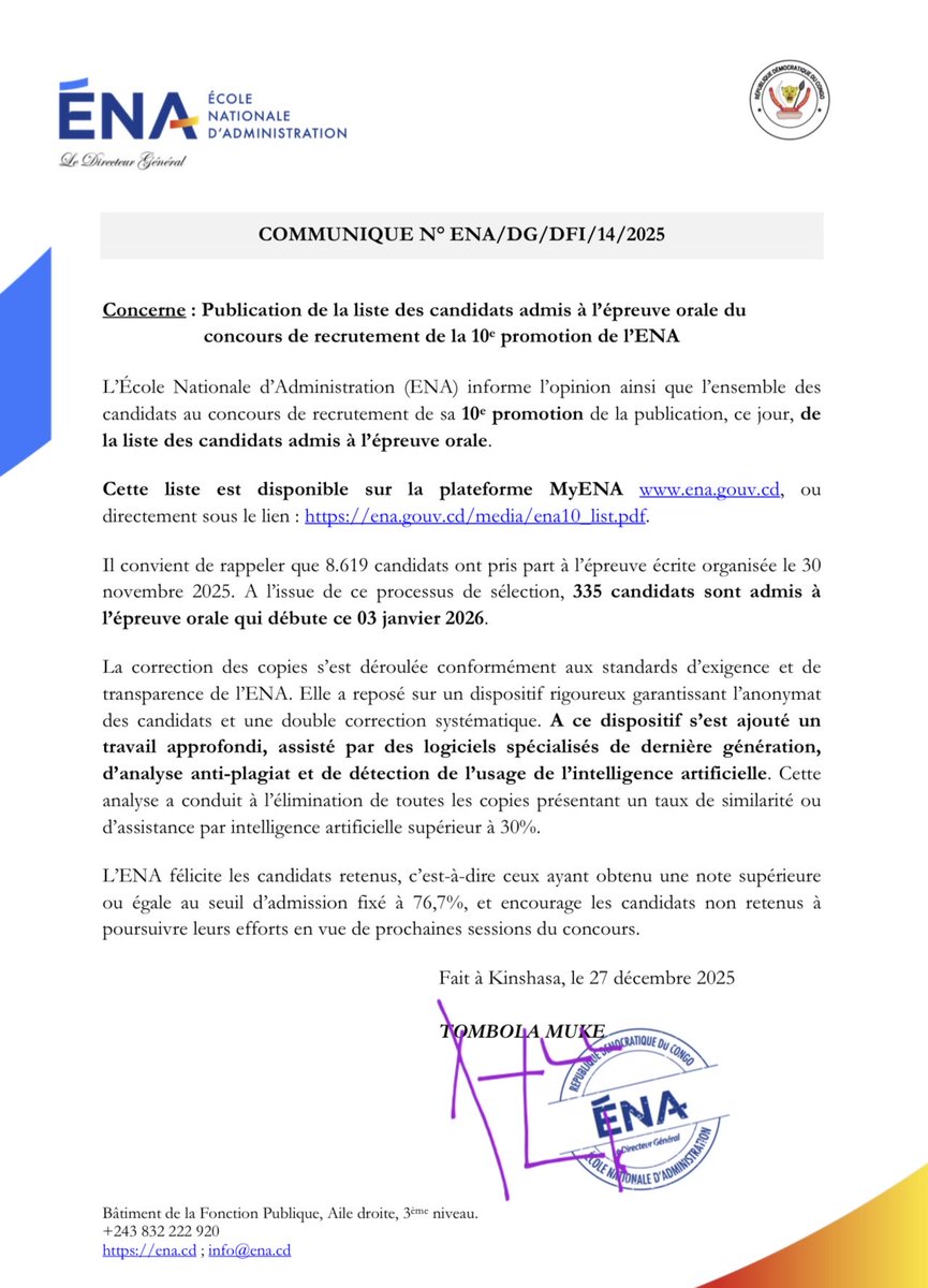 Liste des candidats admis à l’épreuve orale du concours de recrutement de la 10e promotion de l’ENA : ena.gouv.cd/media/ena10_li…

COMMUNIQUÉ