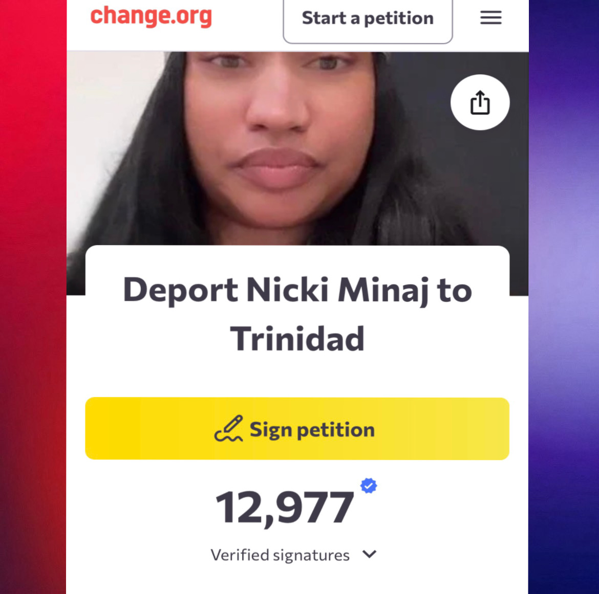 PopFusionHQ's tweet image. The viral petition calling for Nicki Minaj’s deportation to Trinidad has now surpassed 13,000 signatures. 

It is worth noting that the 43-year-old rapper is not a US citizen and entered the country illegally.