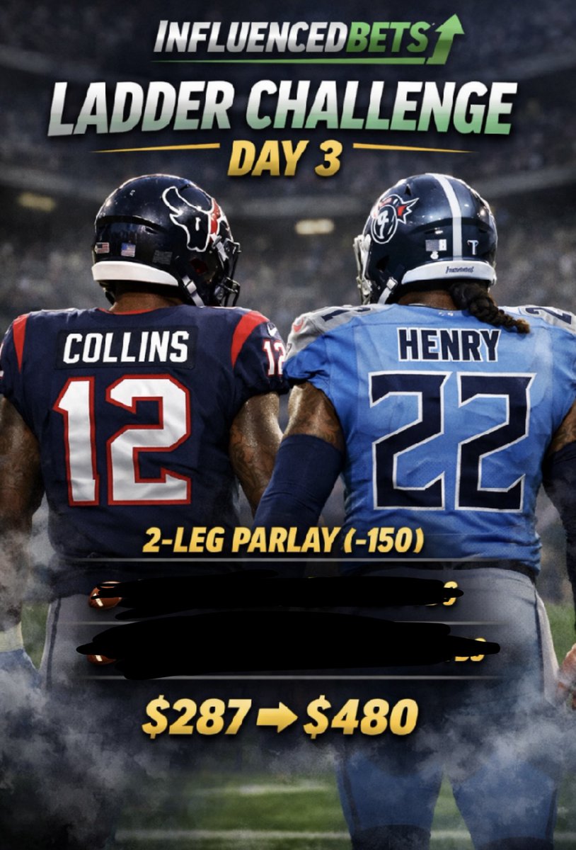 🪜🏈 𝗟𝗮𝗱𝗱𝗲𝗿 𝗖𝗵𝗮𝗹𝗹𝗲𝗻𝗴𝗲 𝗗𝗮𝘆 3️⃣

💰 $𝟮𝟴𝟳 —> $𝟰𝟴𝟬

❤️ 𝗠𝗨𝗦𝗧 𝗟𝗜𝗞𝗘 + 𝗥𝗘𝗣𝗢𝗦𝗧 + 𝗖𝗢𝗠𝗠𝗘𝗡𝗧 𝘁𝗼 𝗿𝗲𝗰𝗲𝗶𝘃𝗲 𝘁𝗵𝗲 𝗽𝗹𝗮𝘆! 𝗠𝘂𝘀𝘁 𝗱𝗼 𝗮𝗹𝗹 𝟯!

🤖 My bot will DM you once you do all 3! Must be following <a href="/InfluencedBets/">Influenced Bets</a>