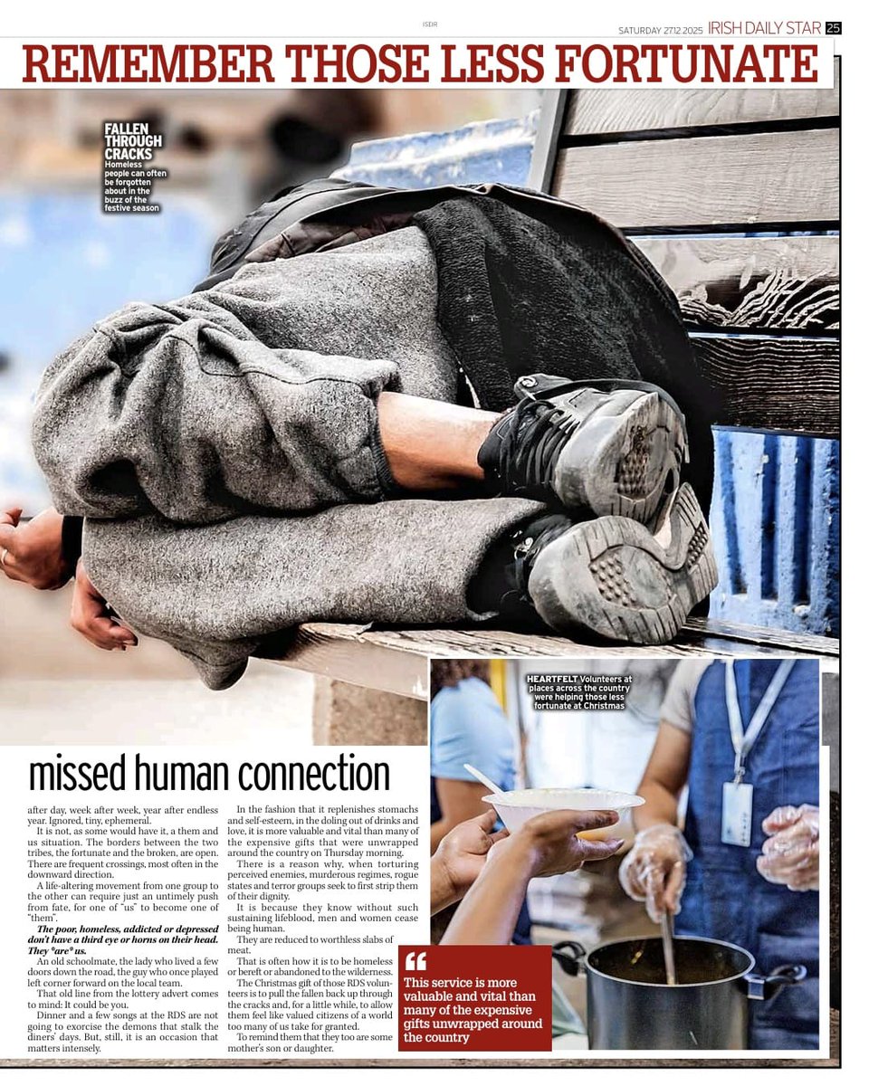RoyCurtis68's tweet photo. Imagine being alone - really alone and frightened - at Christmas.
A column about decency.
The RDS, Xmas Day.
Where the lonely and forgotten feed on turkey, ham.
And love.
For a few hours, incredible volunteers offer an embrace of humanity.
It's not a cure.
But it matters. https://t.co/hIVvY5VGJP