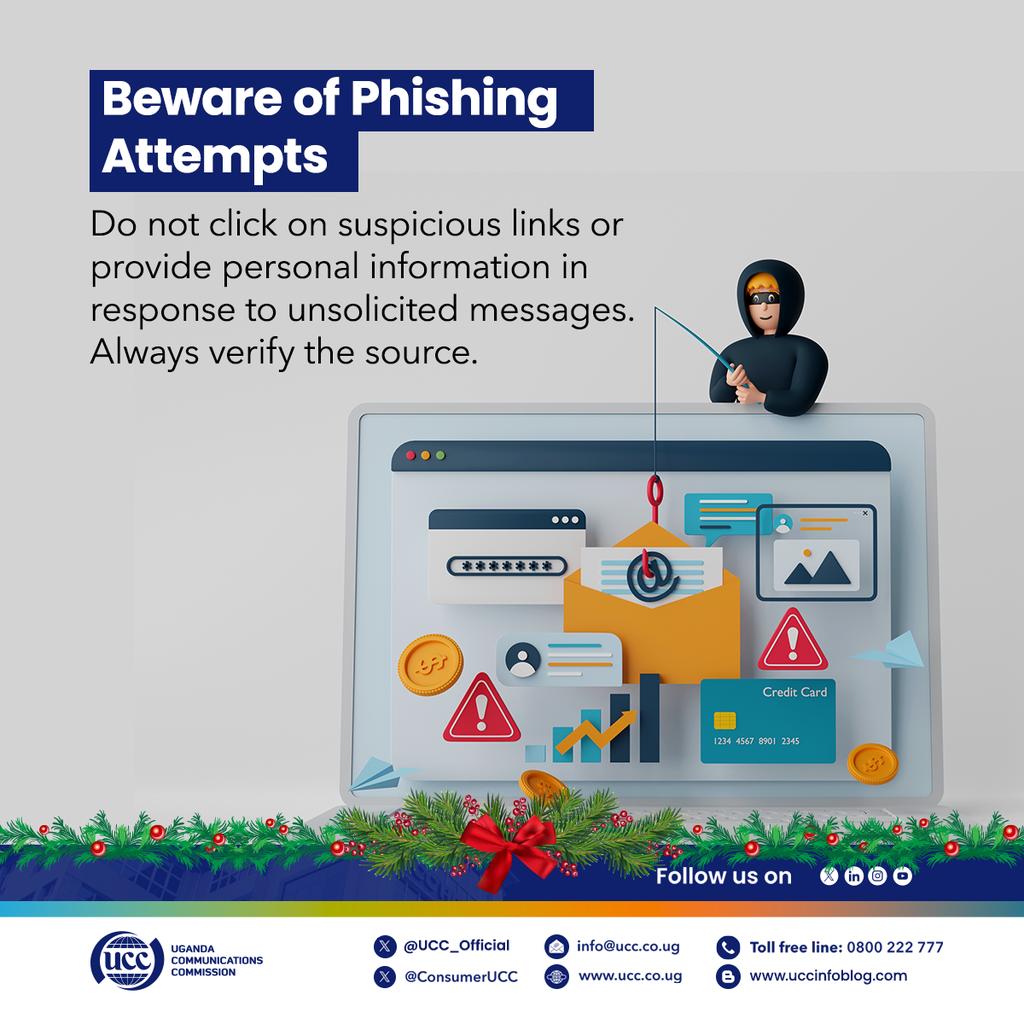 Click wisely! One careless tap can cost you big!  think before you click and protect your sensitive information, which could lead to a financial loss if compromised.
 #MobileMoneySecurity #StaySafeOnline
#AnInlcusiveDigitalEconomy 
#GoldenPosts

<a href="/UCC_Official/">UCC</a> <a href="/MoICT_Ug/">Ministry of ICT&NG</a> <a href="/IBbossa/">Ibrahim Bbossa #IKB</a>