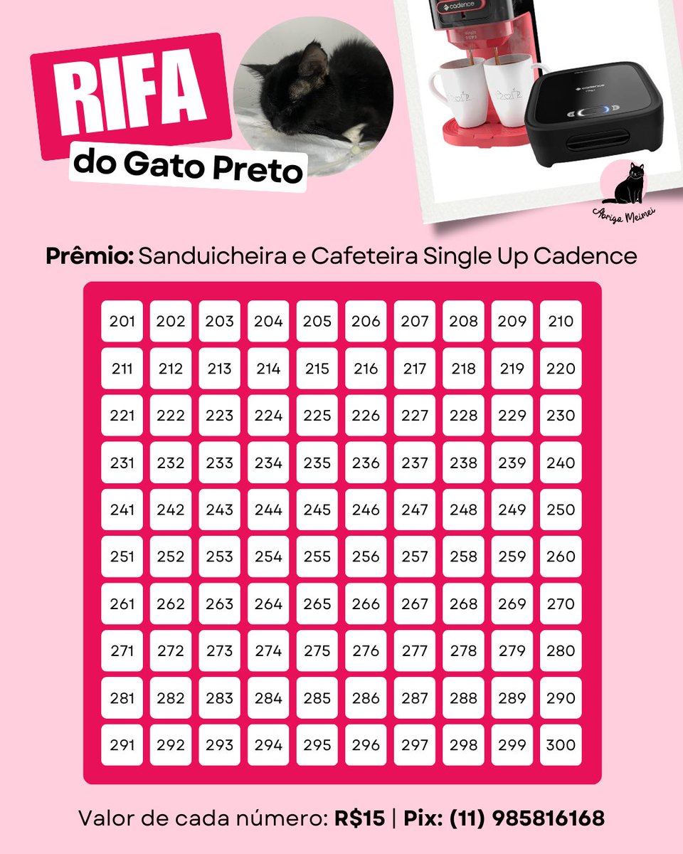 AbrigoMeimei's tweet photo. Pessoal, os gastos com o Gato Preto estão muito acima do que estamos conseguindo manter. Felizmente, recebemos uma ajuda muito legal: ganhamos um kit de sanduicheira e cafeteira Cadence para rifar!

Então, nossa nova rifinha está no ar! Com R$ 15 o número, você concorre a esse kit incrível e ainda nos ajuda a salvar a vida do gatinho mais ranzinza e amoroso do abrigo que precisa da gente.

👉 Para comprar um ou mais números, mande o valor referente para a chave pix 11 975816168 (Lorena Tuxen) e mande o comprovante para nosso WhatsApp (mesmo número) por lá conseguimos organizar melhor para que vocês escolham os números da rifinha!

Ajude também compartilhando! Temos 6 mil seguidores e só 500 números, não vamos demorar para fechar essa rifa, né? 😬🫶

Agradeço desde já! 💖