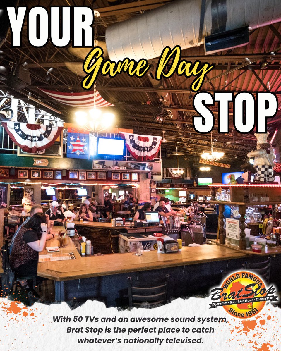 The “2nd best way to watch the game”—50 TVs, big speakers, and all the Brat Stop energy 🏈✨ #BratStopFood #GameDayFun #WisconsinFlavors