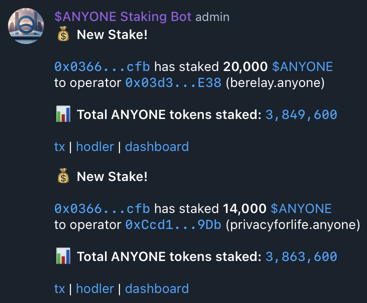 AnyoneFDN's tweet photo. Our Anyone Staking Bot is live in the community Telegram.

Be alerted when new $ANYONE tokens are staked, track the most popular operators and more! 

With 4,000,000 tokens now staked, our network and tokenomics are becoming more secure by the day. 

Be part of a community that believes:
🔹 https://t.co/rx8Q0HMlpb 
See the bot yourself at:
🔗 https://t.co/C22cIX4Edl