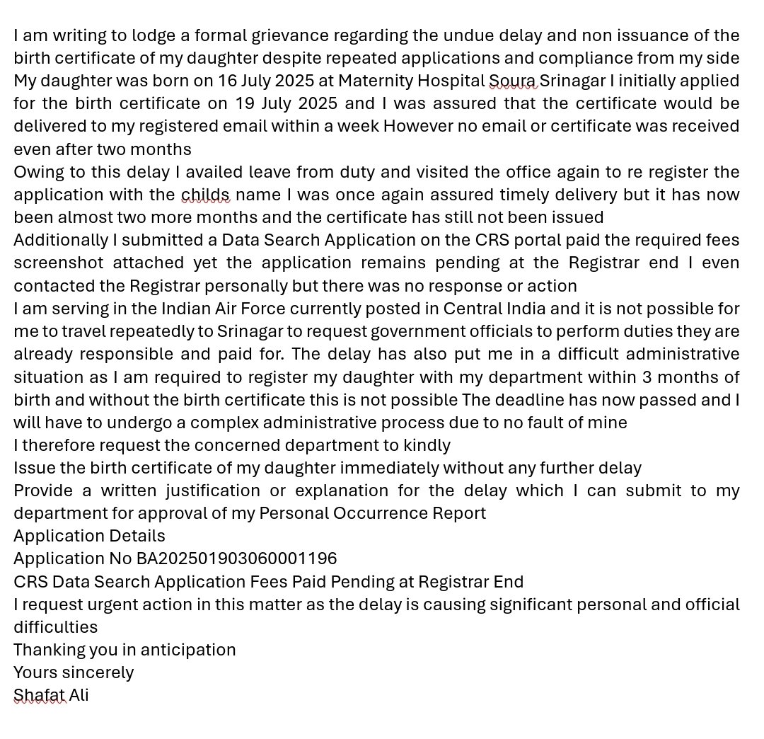 SHAFAT619's tweet photo. @JKSamadhan @MoHUA_India @OmarAbdullah The grievance portal is down. https://t.co/yot39SXvPG