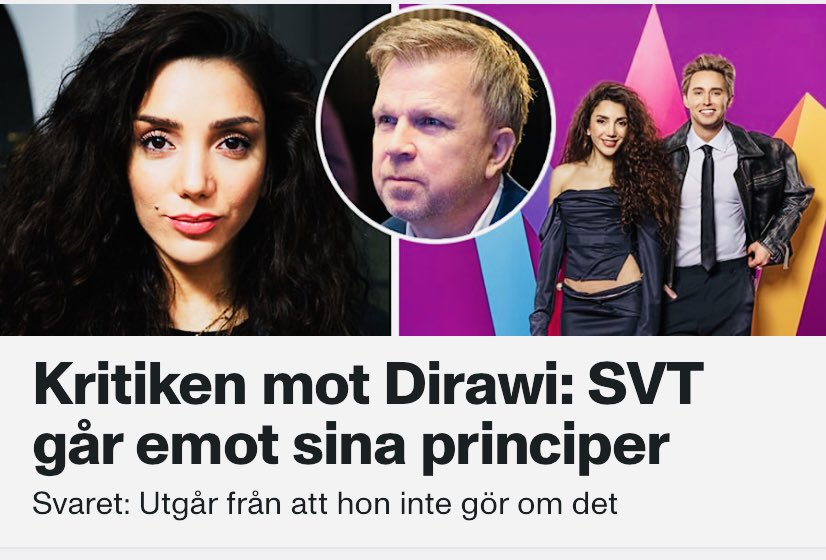 LundblomMy's tweet image. Detta duger inte @svt, någon ordning och reda får det allt vara. Melodifestivalen är en sångtävling inget annat. När det är det första Dirawi gör är att ta upp Palestina, då ska hon ha diskvalificerat sig själv.