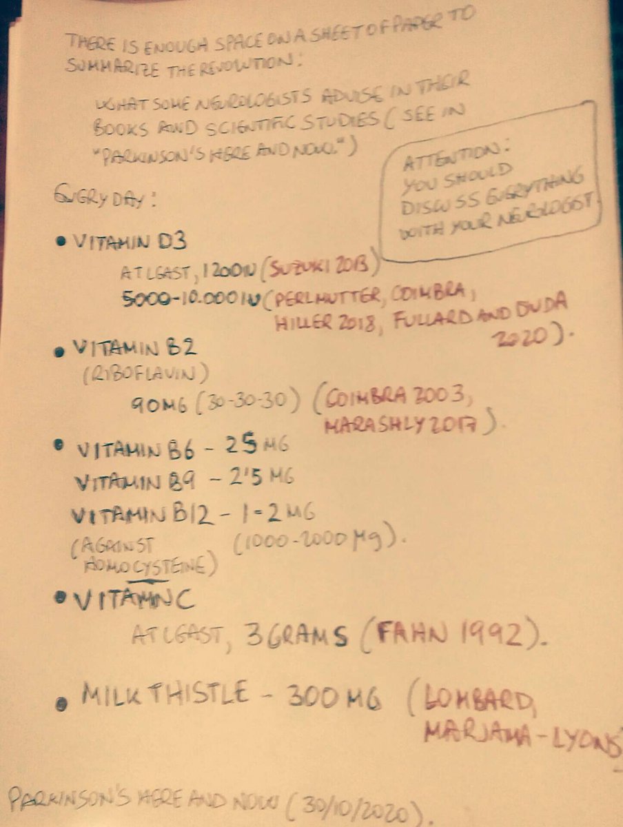 The Parkinson's revolution fits on a single sheet of paper.
Wise  and brave neurologists have dared -it is not easy to get out of the  dominant discourse- to leave us in books and to recommend us in  scientific studies these true treasures...
parkinsonhereandnow.blogspot.com/2020/11/the-pa…
