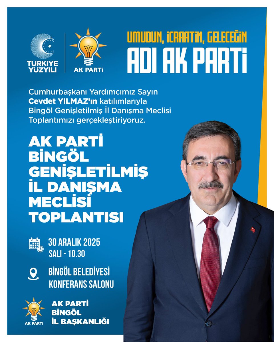 Cumhurbaşkanı Yardımcımız Sn. <a href="/_cevdetyilmaz/">Cevdet Yılmaz</a>’ın katılımlarıyla Genişletilmiş İl Danışma Meclisi Toplantımızı 30 Aralık Salı Günü gerçekleştiriyoruz. 

Umudun, İcraatın, Geleceğin Adı <a href="/Akparti/">AK Parti</a>  <a href="/yilmaz_seven/">Av. Yılmaz SEVEN</a> <a href="/AKGMTeskilat/">AK Parti Teşkilat Başkanlığı</a>