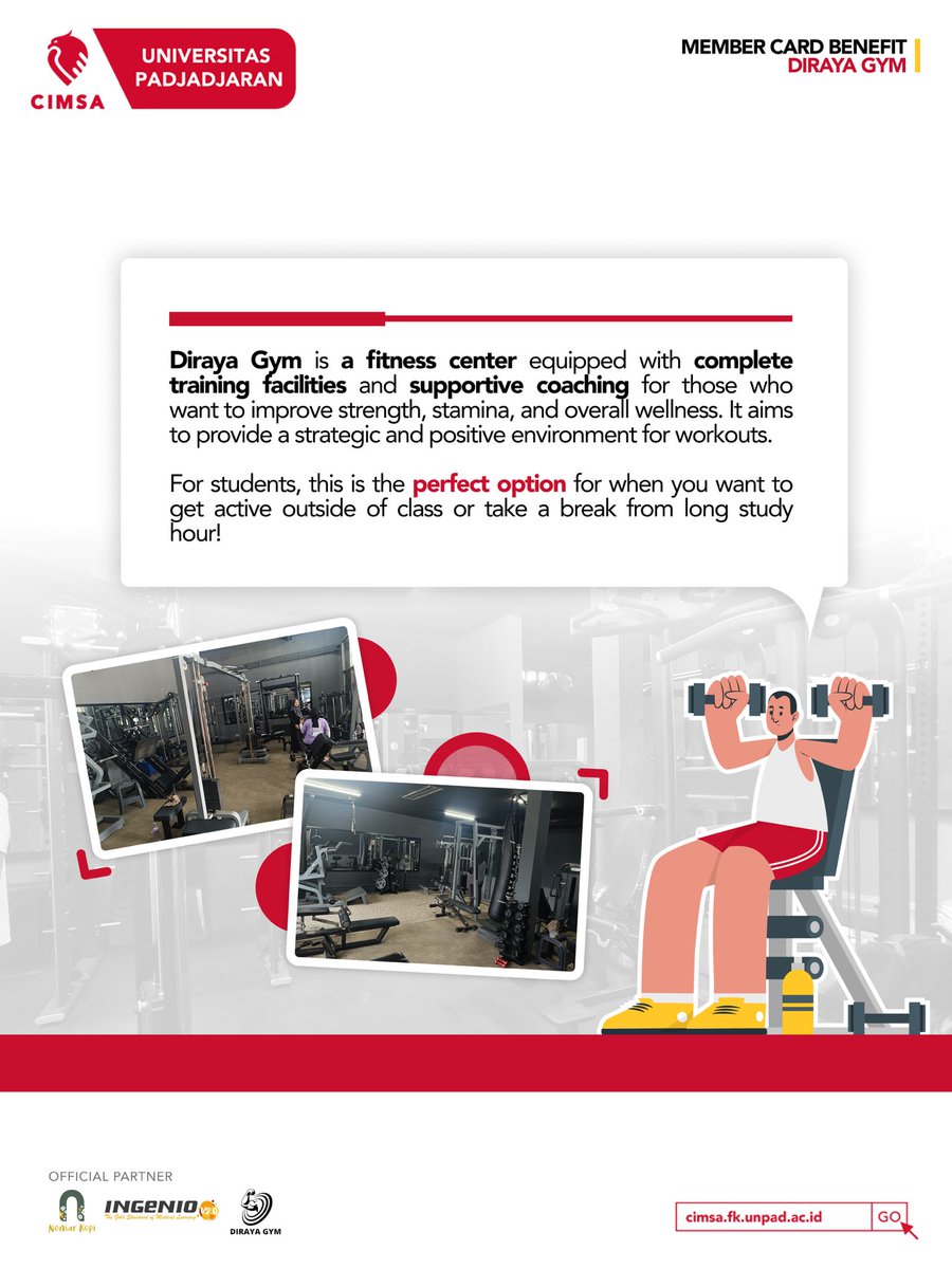 cimsaunpad's tweet photo. [MEMBER CARD BENEFIT: CIMSA FK UNPAD X DIRAYA GYM]

Greetings, CIMSA!

CIMSA FK Unpad is proud to announce a new partnership with Diraya Gym as part of our Member Card Benefit program. https://t.co/izEJ0nz62M
