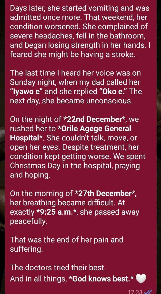 Dhipzzy24's tweet photo. It's more painful than a Trade hitting stop loss within a few candlesticks.
My fellow traders can  relate.

December 27th, 2025 at 9:25a.m , my mother passed away.😭
Thank You His Excellency, Governor Jide Sanwoolu @jidesanwoolu for the medical facilities provided at Orile Agege https://t.co/vac3AoGHK7
