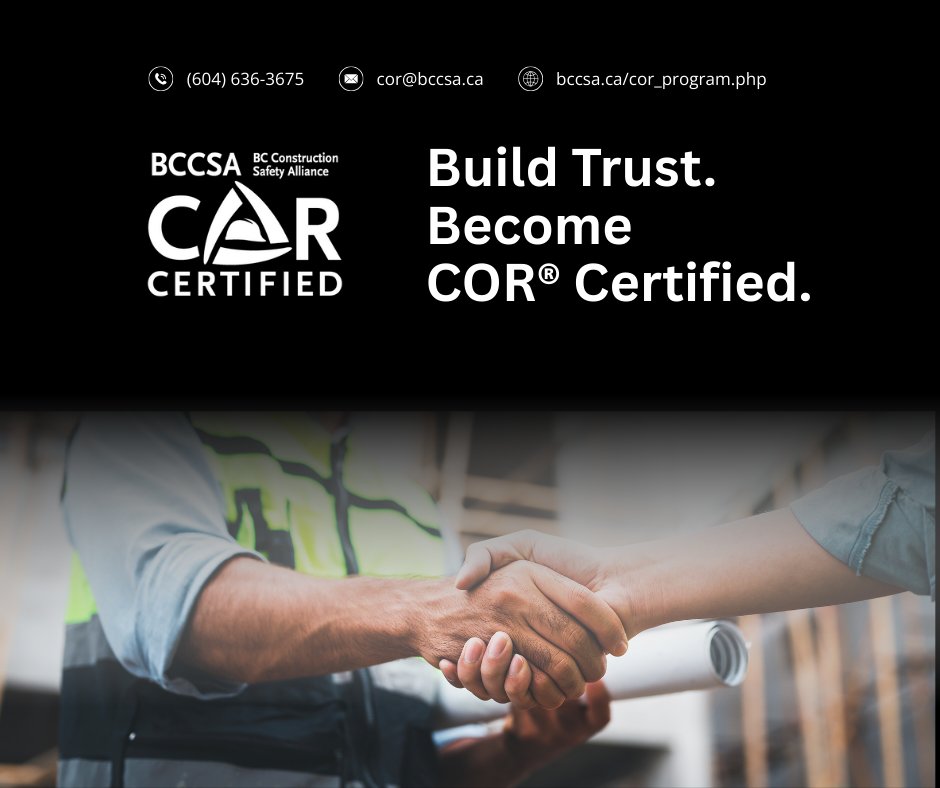 BCCSABeSafe's tweet image. 🌟 Why Choose COR®?
Gain industry recognition, protect your workforce, and create a culture of safety at your construction company. Start your COR® certification journey now!

📩 Email us: cor@bccsa.ca to get started.

#WorkplaceSafety #ConstructionLeadership