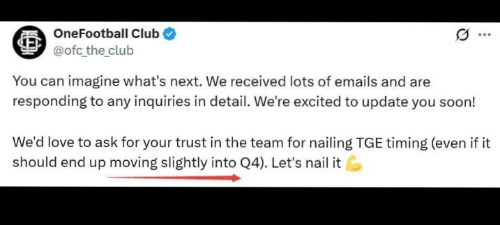 Changing TGE date repeatedly is a good trick to cheat but it is also very old now,moving slightly..Q4 they said on september The community was optimistic that the token would launch in October, now you are saying early Q1 '26 
<a href="/ofc_the_club/">OneFootball Club</a>
 is definitely digging their own grave
