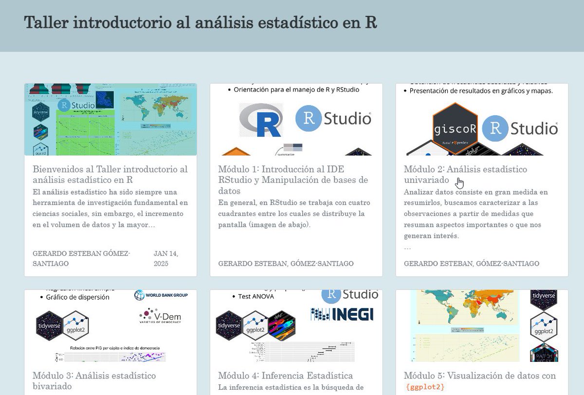 GEsteban_Gomez's tweet photo. El Taller introductorio al análisis estadístico en R es de libre acceso!

Organizamos los 5 módulos en este blog, desde el cual puedes acceder a las bases, al material de apoyo escrito y a los videos:

https://t.co/6v5t3fEtNN

Comparte si consideras que es útil para alguien más. https://t.co/cbeM7mmREC