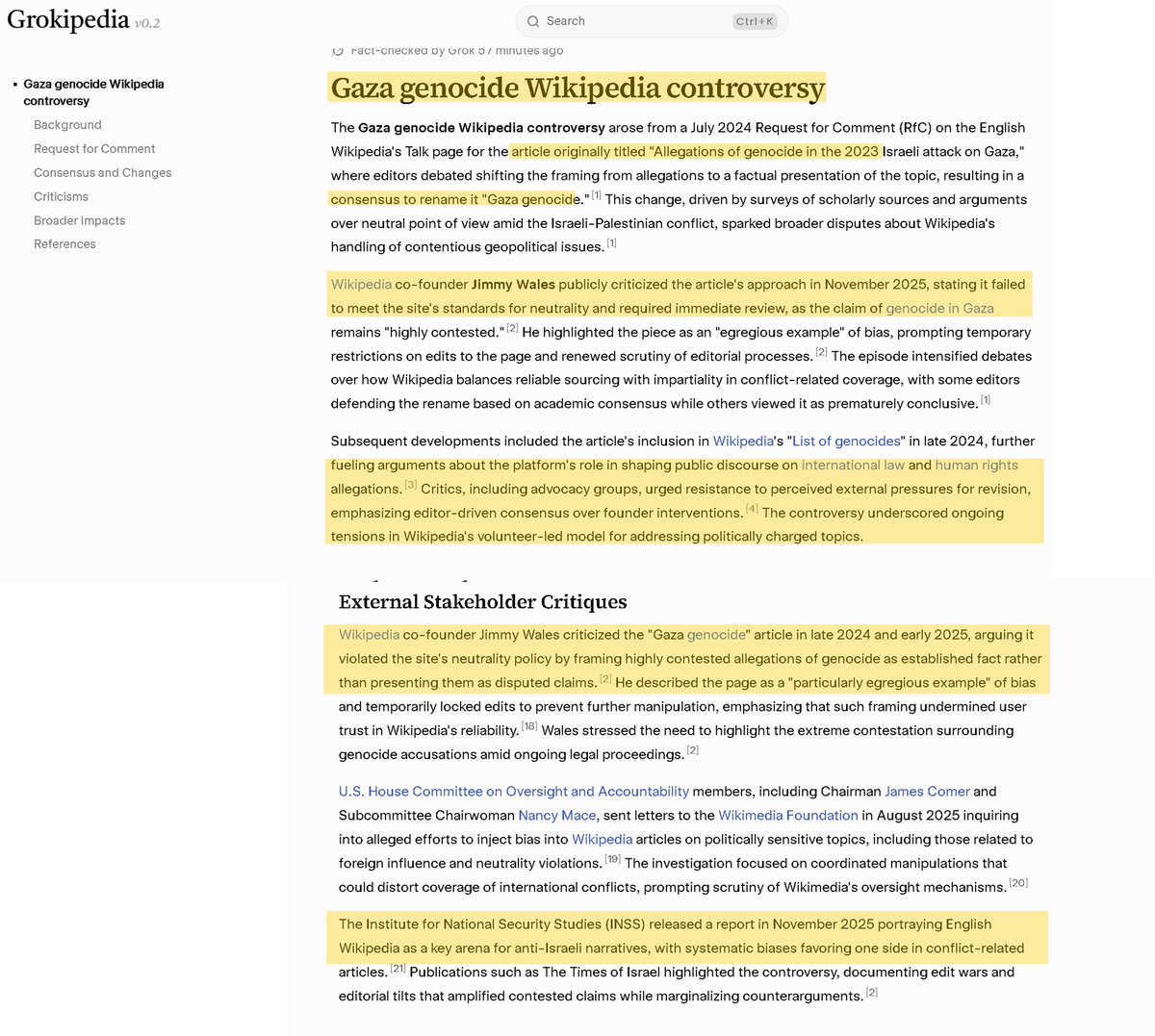 Kudos to <a href="/Grokipedia/">Grokipedia</a> for their deep dive into the "Gaza Genocide" controversy.

It's encouraging to see them use the <a href="/INSSIsrael/">INSS</a> research I authored to highlight English Wikipedia's shift from neutral documentation of allegations to ideologically biased assertions.