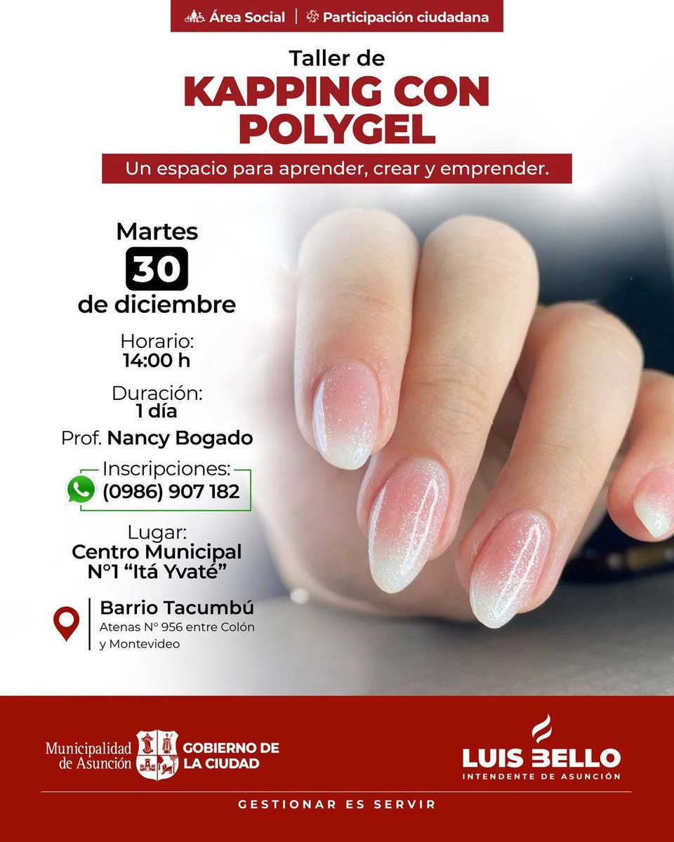 💅🏼🌝¿Te apasiona la belleza de manos y querés capacitarte para generar ingresos extras? Este martes, se realizará el taller de kapping con polygel en el Centro Municipal N° 1. Será deal para aprender las técnicas más actuales. Info e inscripciones: 0986 907 182.
