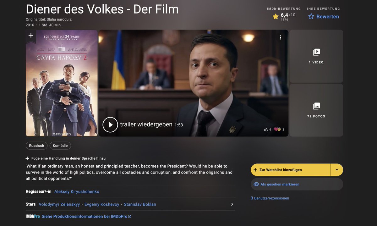Sie kacken uns ins Hirn. Aus dem Jahr 2015:

Selensky spielt einen Mann, der aus dem Nichts Präsident der Ukraine wird. Er selbst hat Schulden und Kredite. Um dieses Problem wird sich aber „gekümmert“.

Noch gruseliger ist es, dass es die Serie auf Russisch gibt.
