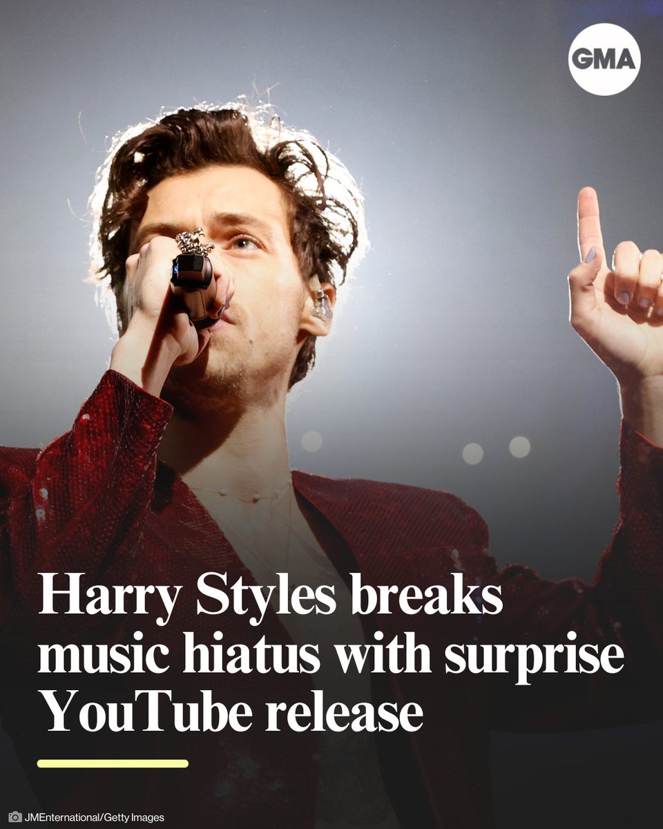 GMA's tweet photo. The wait has felt like "Forever, Forever," but Harry Styles has ended his hiatus with an unexpected YouTube video release.
 
The Grammy Award-winning musician has largely stayed out of the public eye since wrapping his "Love On Tour" in 2023.

The clip features Styles seated at a piano, performing for thousands of fans during his sold-out "Love On Tour" show in Reggio Emilia, Italy, in July 2023, the final stop of his two-year global tour.
 
Read more about the release at the link in bio.