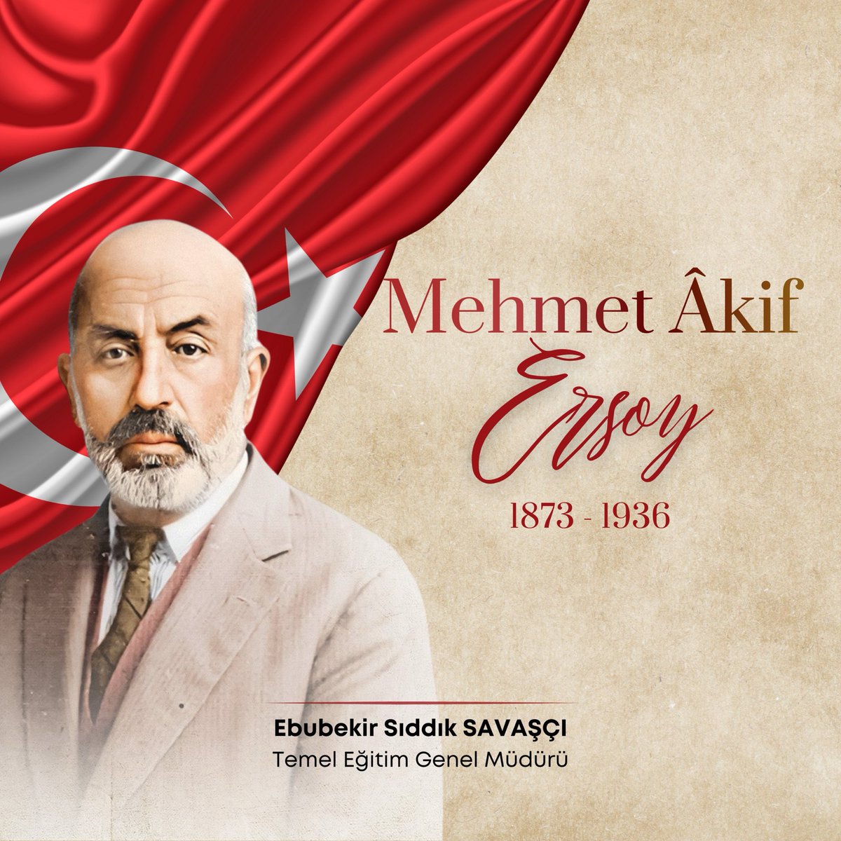 İstiklal mücadelemizi kelimeleriyle ölümsüzleştiren; fedakârlığın ve vatan sevgisinin abideleşmiş ismi Millî Şairimiz Mehmet Âkif Ersoy’u vefatının yıl dönümünde rahmet ve minnetle anıyorum.

Fikirlerini ve eserlerini evlatlarımıza anlatmanın ve yarınlara taşımanın tarihimize ve