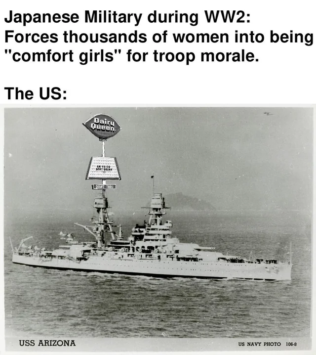 SandyofCthulhu's tweet photo. One of the reasons American destroyers were super-diligent about finding and rescuing downed airmen was because the carriers gifted the destroyer crews with large buckets of ice cream to "ransom" each airman. 

You see, destroyers were too small to have ice cream makers. But carriers had a large and potent ice creamery. So good times all round. 

In contrast, the late-war Imperial Japanese Navy crew were served dried rice with soybean paste, soy sauce, salt, and sometimes supplemented with canned veg/tuna