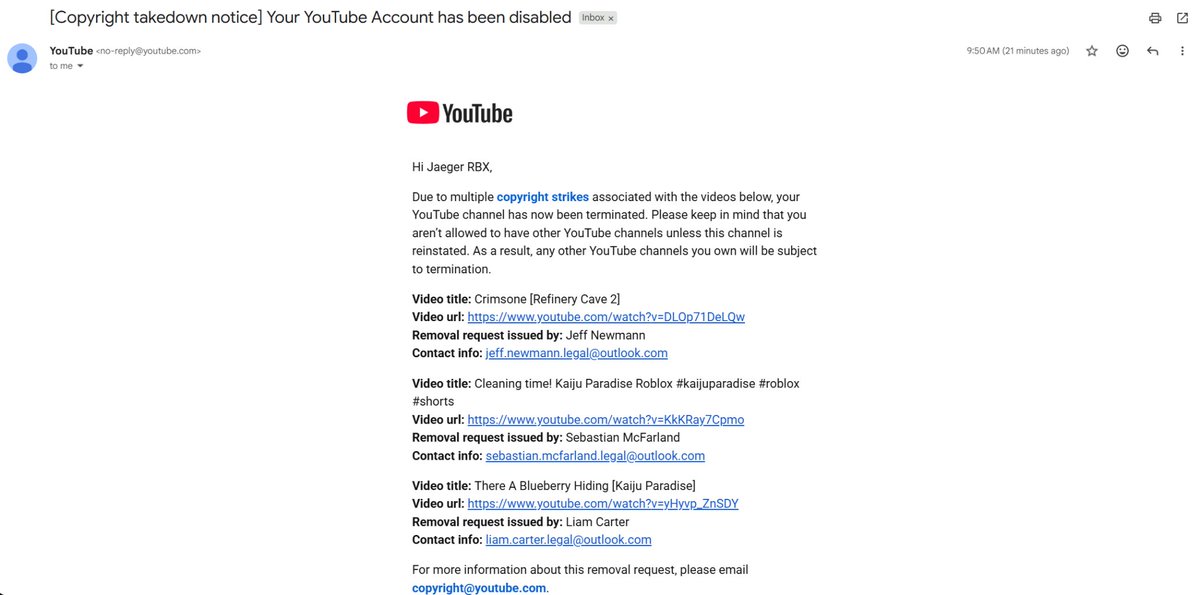 frivsasasa's tweet photo. I would like some help here with false strikes on my terminated youtube channel (Jaeger Rbx). Please do something about this @TeamYouTube https://t.co/1VVV7VZQ8u