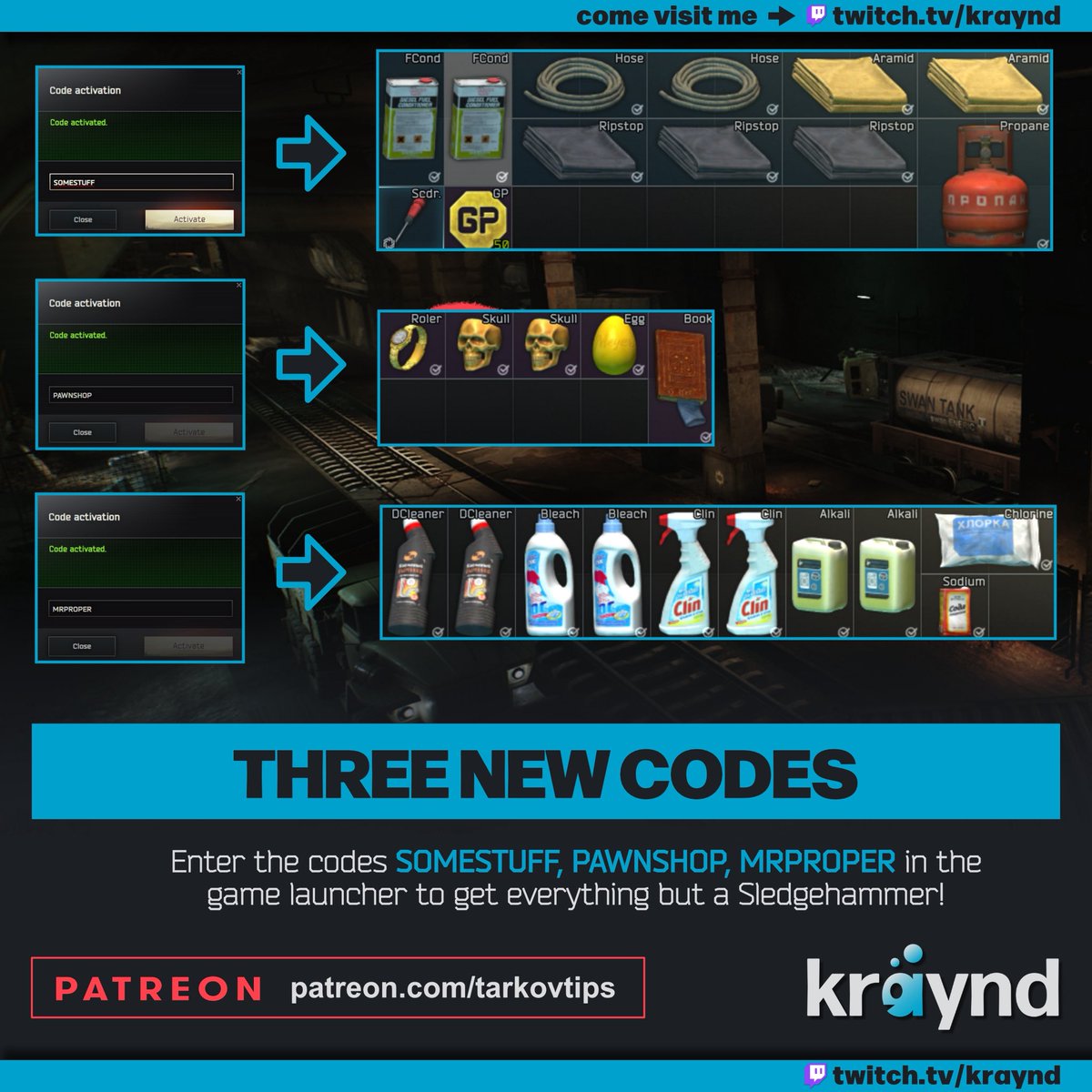 new codes from today's episode of TarkovTV: 
SOMESTUFF
PAWNSHOP
MRPROPER
