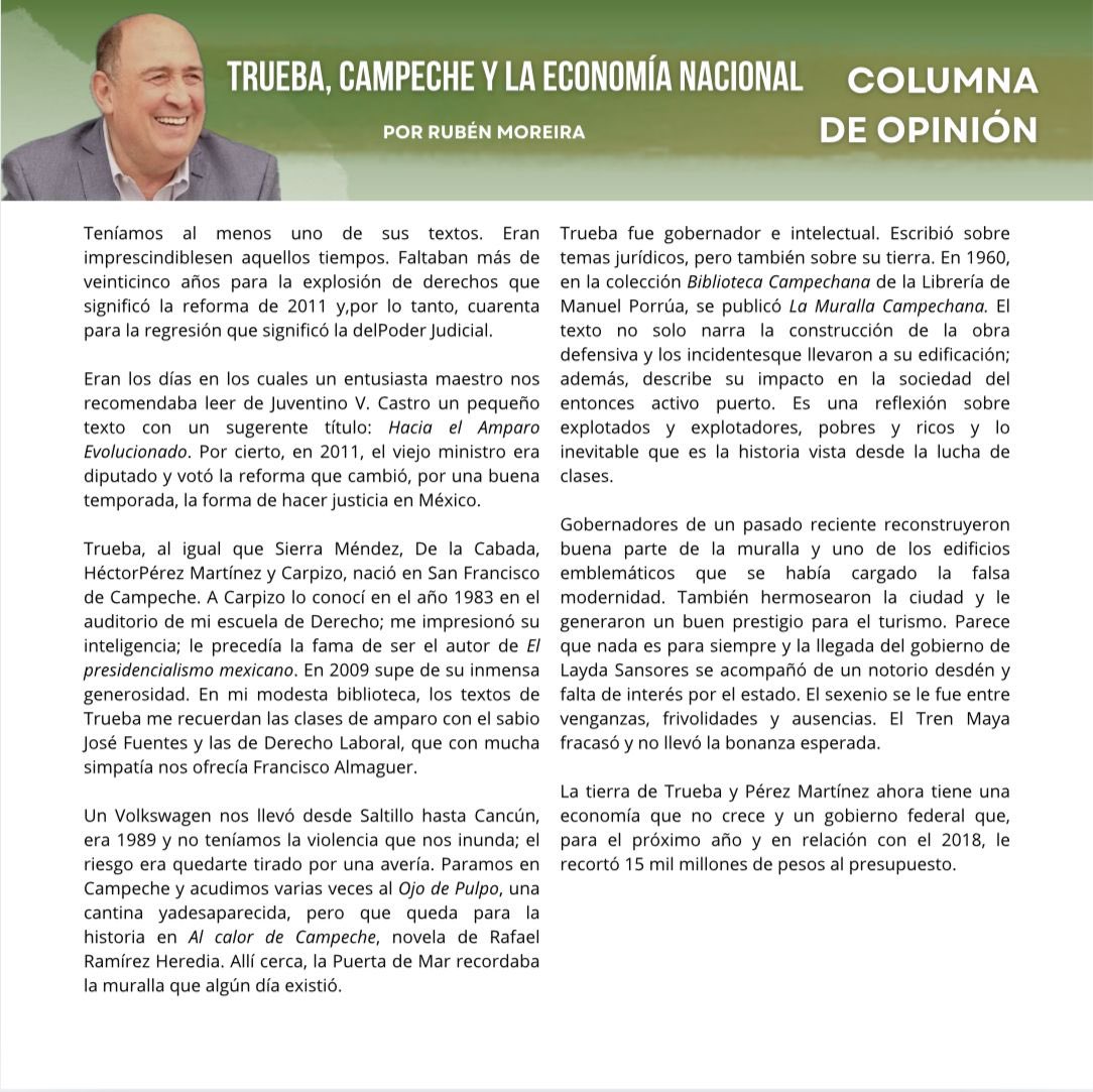 rubenmoreiravdz's tweet photo. “#Trueba , al igual que Sierra Méndez, De la Cabada, Héctor Pérez Martínez y Carpizo, nació en San Francisco de #Campeche …. En mi modesta biblioteca, los textos de Trueba me recuerdan las clases de amparo con el sabio José Fuentes y las de #DerechoLaboral, que con mucha simpatía nos ofrecía Francisco Almaguer.”
Les dejo una de mis columnas de esta semana, los leo⬇️
https://t.co/QtUyRvIsMs
https://t.co/RRYZhI76co
https://t.co/ahYaoGMfD7
https://t.co/EaGPz8nqQk
https://t.co/MXenm4BGXz