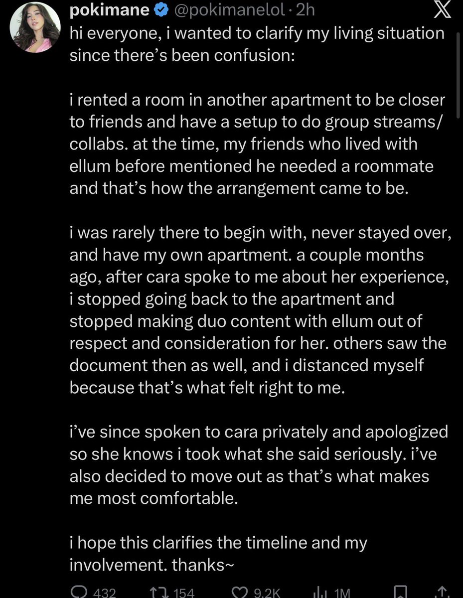 Awk20000's tweet image. Pokimane clarifies her living situation regarding Ellum

Says she’s since spoken/apologized to Captain Puffy privately, was rarely at the apartment, and decided to move out