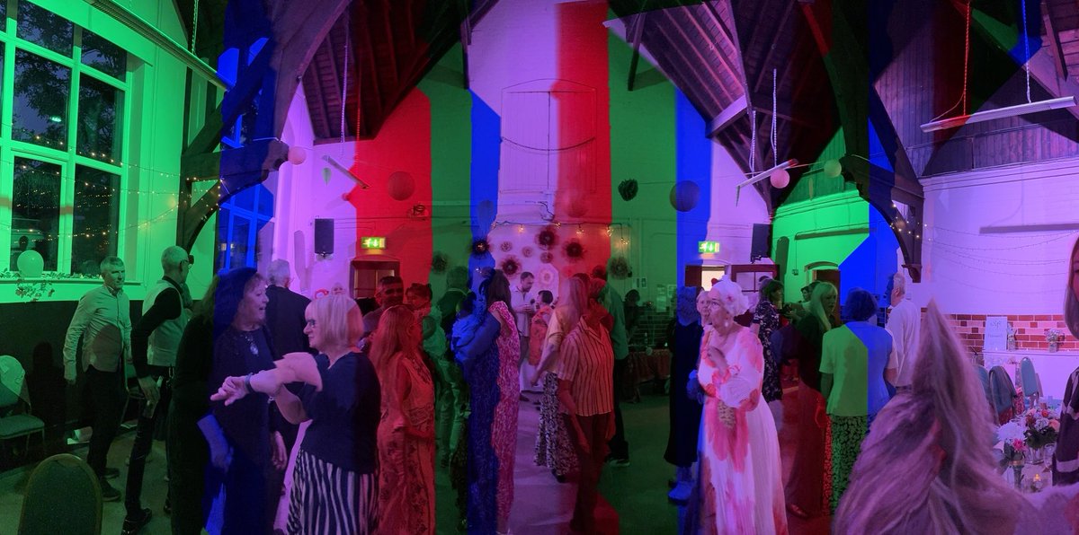 larkinmart's tweet image. ⁦⁦@PanoPhotos⁩ #colour I think I’ve posted this before but this is a pano taken with disco lighting at a wedding last year . Great effect methinks !