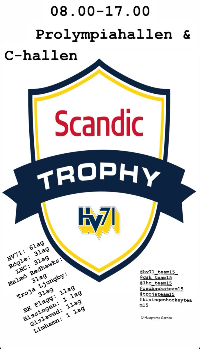 Imorgon blir det full fart i Husqvarna Gardens hallar.
24 lag ska spela i Scandic trophy. Vi i HV71 ställer upp med 6 lag! En höjdpunkt för alla spelare nu i mellandagarna! #HV71 team15 #cupspel #lhc #rögle #malmöredhawks