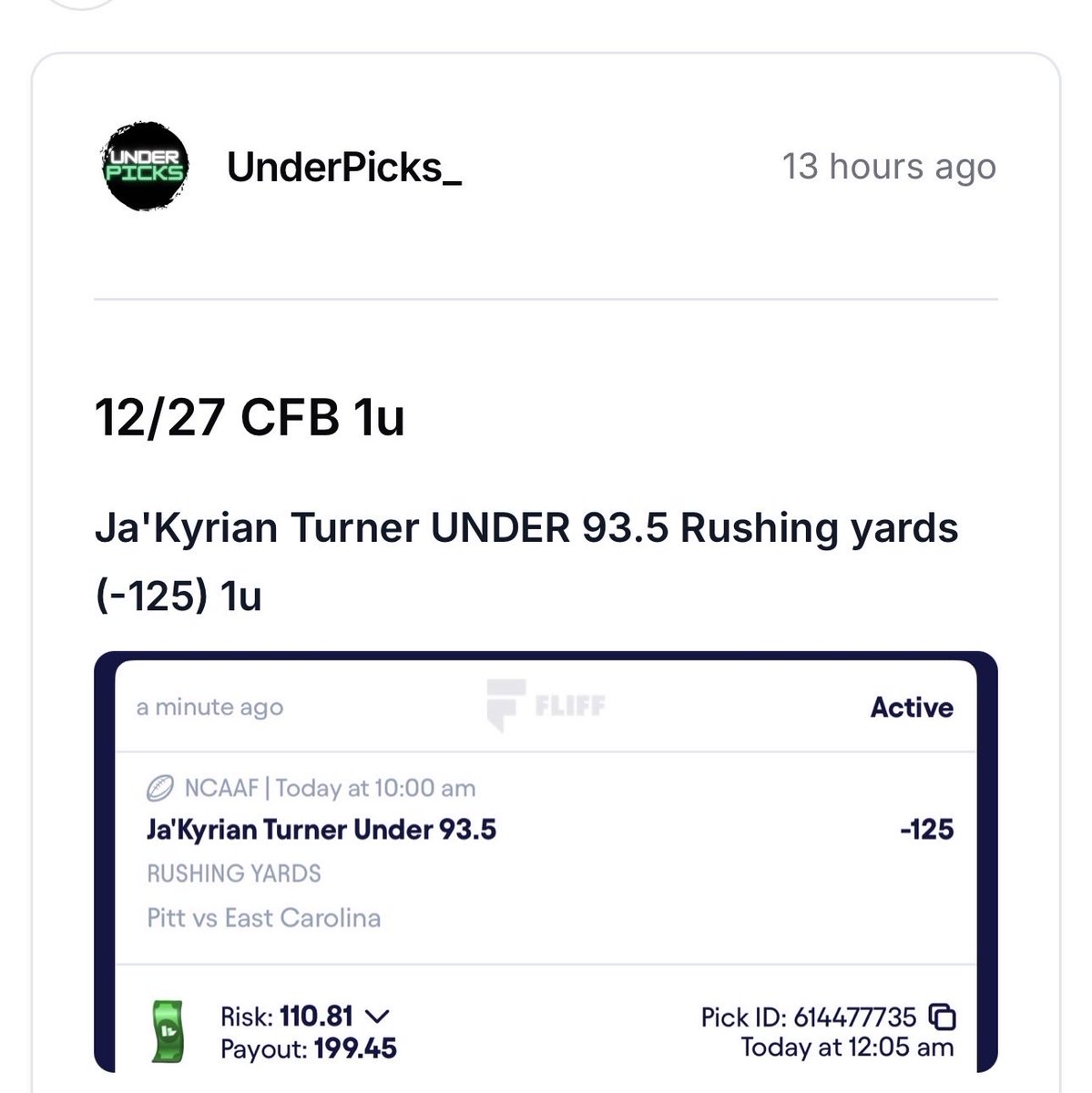 UnderPicks_'s tweet image. Ja'Kyrian Turner UNDER 93.5 Rushing yards (-125) 1u✅

CASH IT THATS 7 STRAIGHT VIP PLAYS IN A ROW LWTS FUCKING GO🔥🤝🤑🎉💰