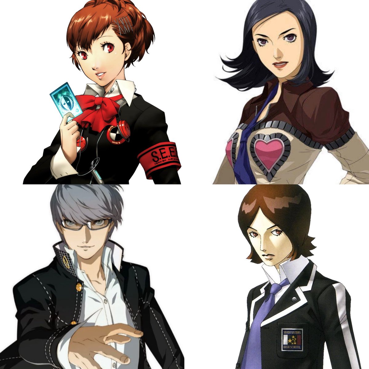 my four favorite persona protagonists &amp; the most that they’re gonna give me from three of them is an anniversary poster these next five years, please save them 💔