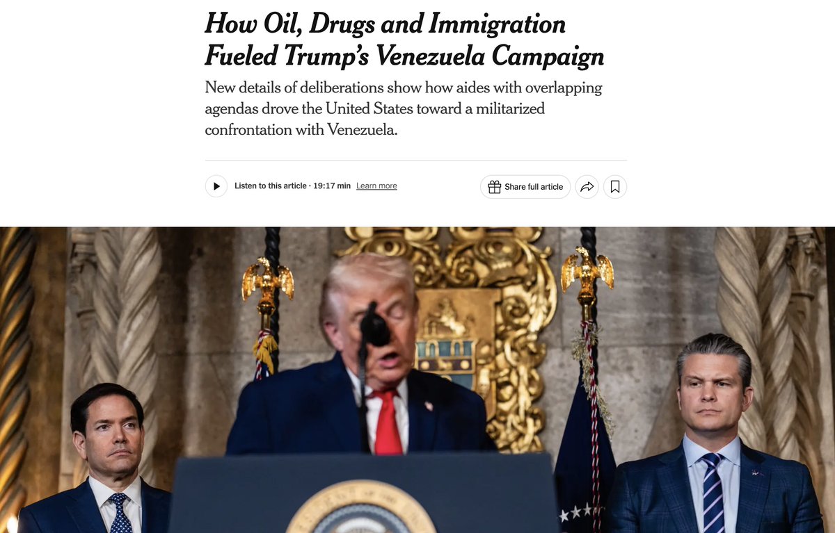 ewong's tweet image. NEW: A @nytimes story reveals how Rubio and Miller drove the US to a militarized clash with Venezuela and Maduro. They started with deportations to CECOT. Then talks with Trump on oil and drugs led to the boat strikes. Officials have discussed using Delta Force in "Phase Two."